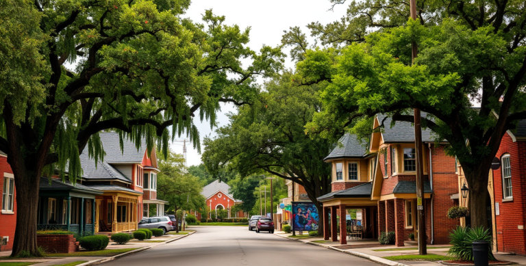 A vibrant street scene in Broadmoor, Baton Rouge, LA 70817, showcasing lush, mature oak and cypress trees lining a charming neighborhood street with historic Cr