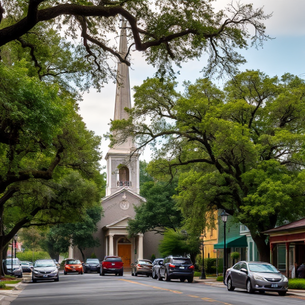 AT&T Coverage, Stores & Plans in Broadmoor, Baton Rouge LA 70827 A vibrant street scene in Broadmoor, Baton Rouge, LA (70827), showcasing lush greenery and mature oak trees lining the neighborhood. In the background, the icon