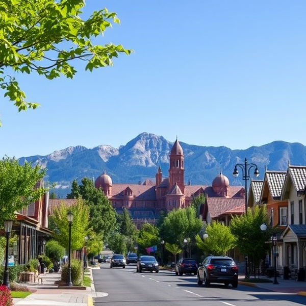 AT&T Coverage, Stores & Plans in Broadmoor, Colorado Springs CO 80905 A vibrant street scene in Broadmoor, Colorado Springs, CO 80905, showcasing lush landscaped sidewalks lined with historic Craftsman and Spanish Revival homes fe