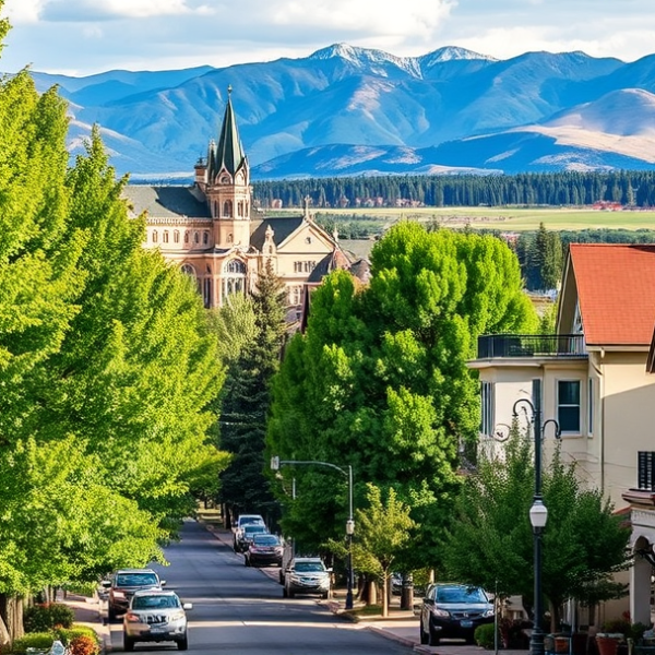 AT&T Coverage, Stores & Plans in Broadmoor, Colorado Springs CO 80906 A vibrant street scene in Broadmoor, Colorado Springs, CO (80906), showcasing lush greenery and mature trees lining the streets, with iconic landmarks like the