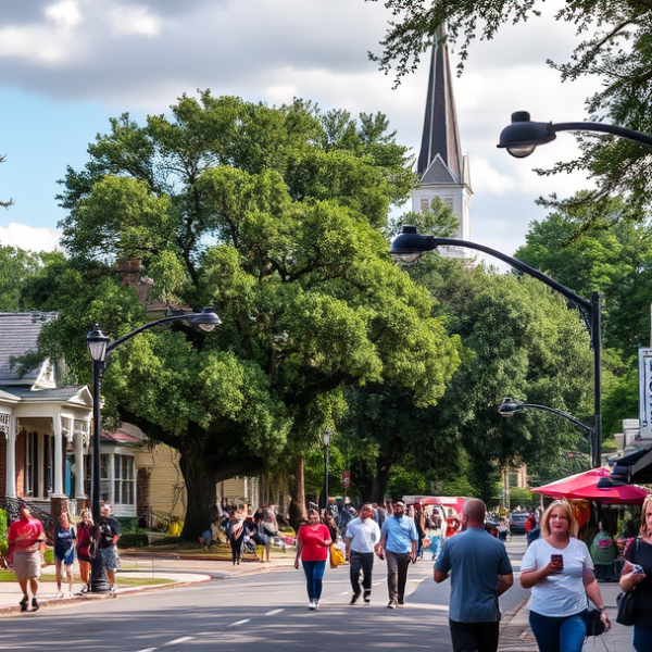 AT&T Coverage, Stores & Plans in Broadmoor Sherwood, Baton Rouge LA 70879 A vibrant street scene in Broadmoor Sherwood, Baton Rouge, LA (70879), featuring historic Craftsman and bungalow-style houses with lush front yards, moss-draped