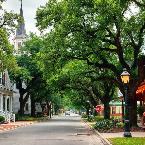 AT&T Coverage, Stores & Plans in Broadmoor Sherwood, Baton Rouge LA 70895 A vibrant street scene in Broadmoor Sherwood, Baton Rouge, LA 70895, featuring lush, mature oak trees lining quaint sidewalks and classic Southern-style homes w