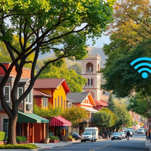 T-Mobile Plans, Coverage & Stores in Broadway - Palmhaven, San Jose CA 95155 A vibrant street scene in Broadway–Palmhaven, San Jose, CA 95155, showcasing a diverse neighborhood with lush greenery and rolling hills in the distance. Charmi