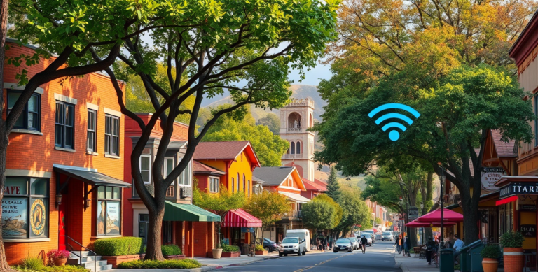 A vibrant street scene in Broadway–Palmhaven, San Jose, CA 95155, showcasing a diverse neighborhood with lush greenery and rolling hills in the distance. Charmi