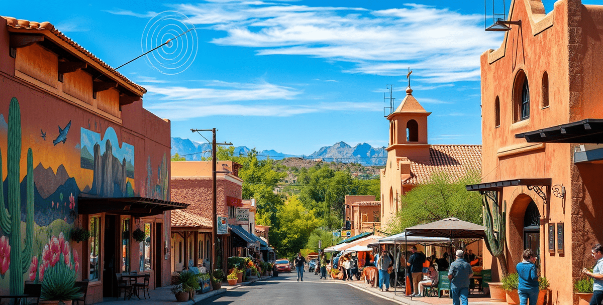 A vibrant street scene in broadway pantano east, tucson, az 85731, showcasing colorful murals depicting desert flora and local wildlife on weathered stucco wall