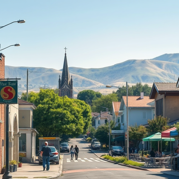 AT&T Coverage, Stores & Plans in Brokaw, San Jose CA 95150 A vibrant street scene in Brokaw, San Jose, CA 95150, showcasing a diverse neighborhood with murals depicting local history and community pride on brick walls,