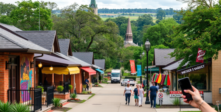A vibrant street scene in Brookhollow West, Houston, TX (77240), capturing the neighborhood's blend of suburban charm and urban energy. In the foreground, well-