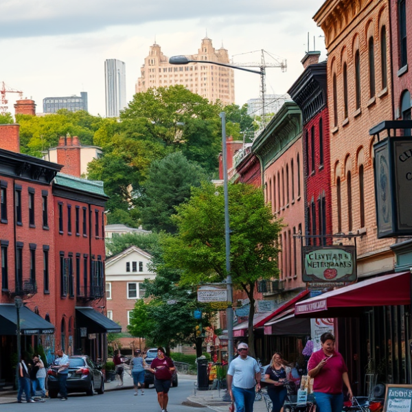 AT&T Coverage, Stores & Plans in Brooklyn, Cleveland OH 44144 A vibrant street scene in Brooklyn, Cleveland, OH 44144, showcasing a mix of historic brick rowhouses with ornate cornices and colorful murals adorning alley wa
