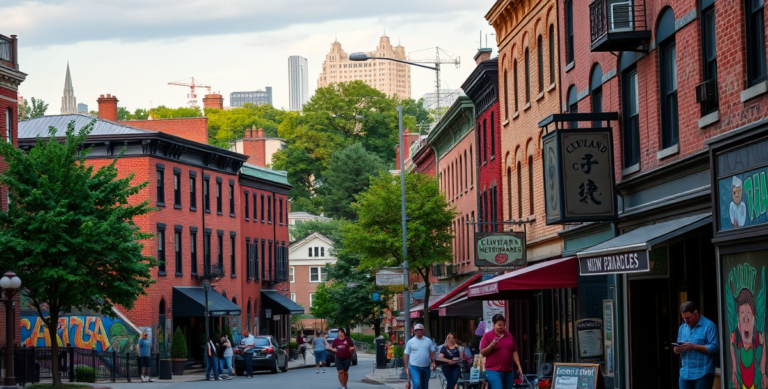 A vibrant street scene in Brooklyn, Cleveland, OH 44144, showcasing a mix of historic brick rowhouses with ornate cornices and colorful murals adorning alley wa
