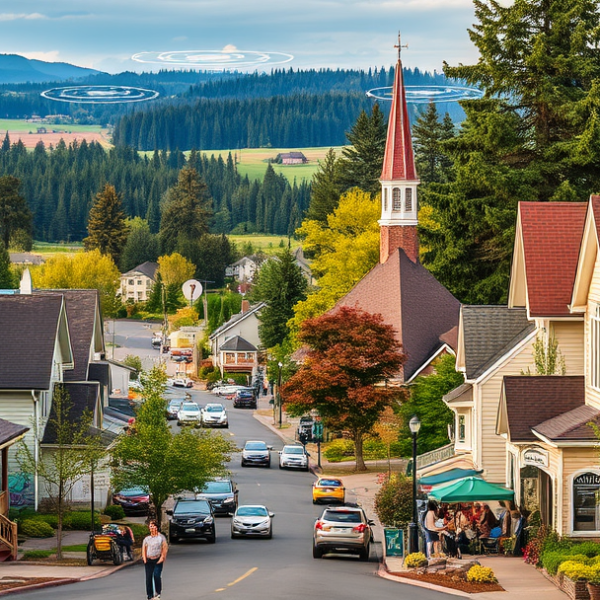 AT&T Coverage, Stores & Plans in Brooks, Salem OR 97305 A vibrant street scene in Brooks, Salem, OR (97305), featuring charming early 20th-century Craftsman and ranch-style houses with inviting porches and lush green