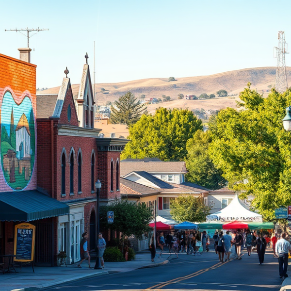 AT&T Coverage, Stores & Plans in Brookside, Stockton CA 95208 A vibrant street scene in Brookside, Stockton, CA (95208), showcasing colorful murals on brick walls depicting local history and community spirit, with iconic c