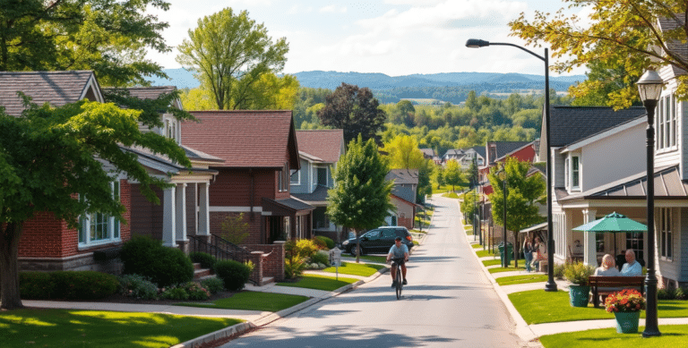 A vibrant street scene in brookside woods, columbus, oh 43235, showcasing charming suburban homes with varied architecture—ranch-style houses with brick facades