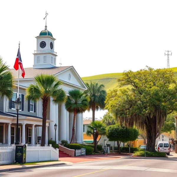 AT&T Coverage, Stores & Plans in Brooksville, Spring Hill FL 34606 A vibrant street scene in Brooksville, Spring Hill, FL (34606), featuring charming Florida ranch-style homes with pastel-colored facades, white picket fences, a