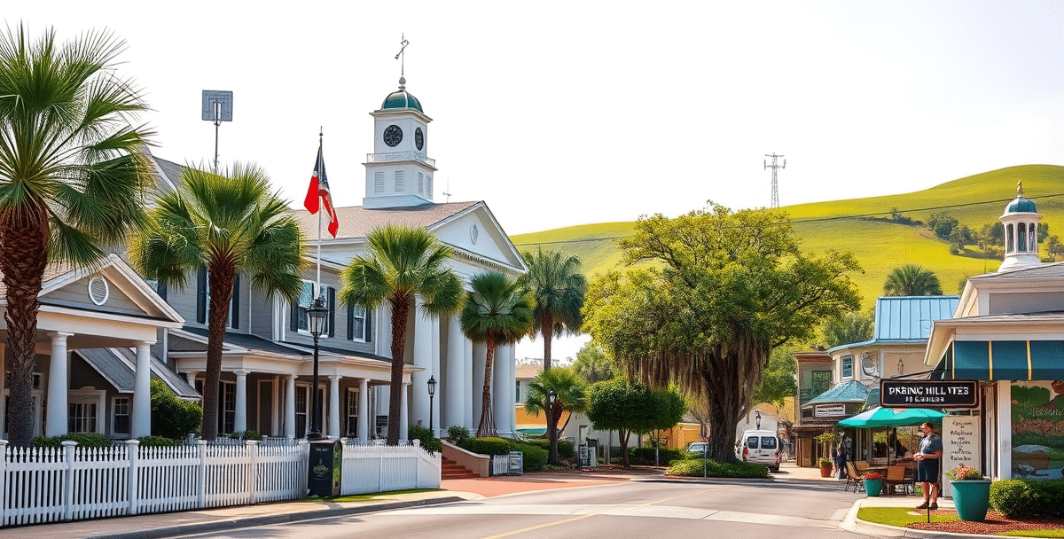 A vibrant street scene in brooksville, spring hill, fl (34606), featuring charming florida ranch-style homes with pastel-colored facades, white picket fences, a