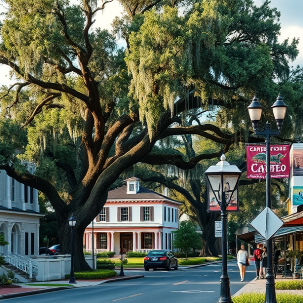 AT&T Coverage, Stores & Plans in Brooksville, Spring Hill FL 34608 A vibrant street scene in Brooksville, Spring Hill, FL (34608), featuring charming, historic Florida-style homes with pastel-colored facades, lush tropical land