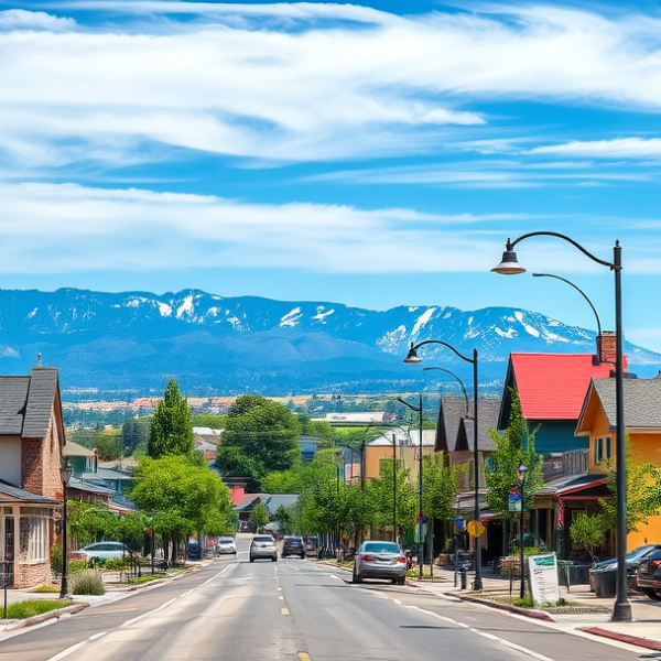 AT&T Coverage, Stores & Plans in Broomfield, Aurora CO 80038 A vibrant street scene in Broomfield, Aurora, CO 80038, showcasing a mix of modern and historic architecture with cozy cafés and colorful murals inside the neig