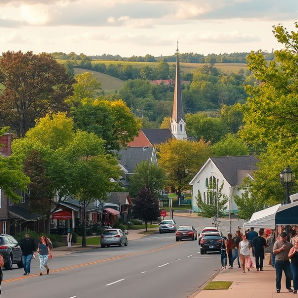 AT&T Coverage, Stores & Plans in Brown Deer, Milwaukee WI 53209 A vibrant street scene in Brown Deer, Milwaukee, WI 53209, showcasing a charming neighborhood with lush, tree-lined boulevards and gently rolling hills. In the