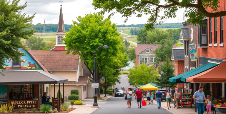 A vibrant street scene in Brown Deer, Milwaukee, WI 53223, showcasing a charming suburban neighborhood with tree-lined boulevards and well-manicured lawns. In t