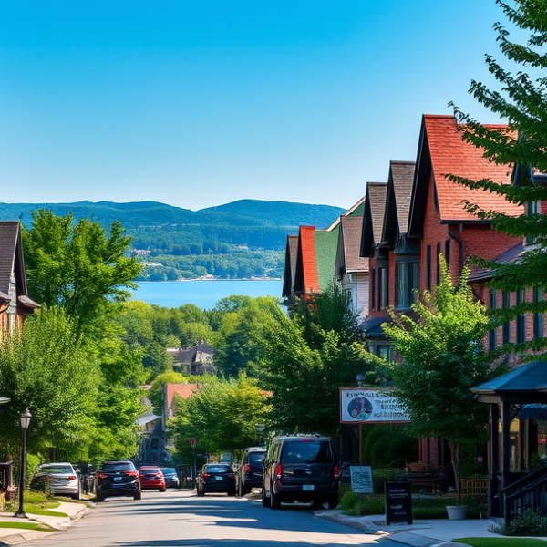AT&T Coverage, Stores & Plans in Brownsboro Village, Louisville KY 40207 A vibrant street scene in Brownsboro Village, Louisville, KY 40207, featuring lush greenery and mature trees lining the sidewalks, with charming early 20th-cent