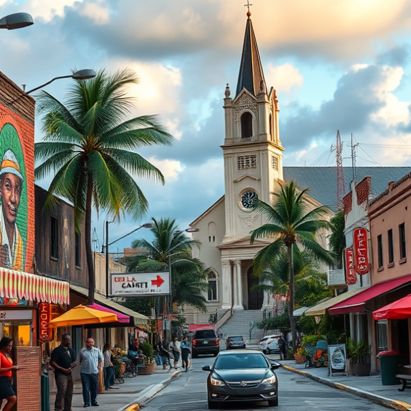 AT&T Coverage, Stores & Plans in Brownsville, Miami FL 33142 A vibrant street scene in Brownsville, Miami, FL 33142, showcasing colorful murals on weathered brick walls depicting Afro-Caribbean heritage and local history,