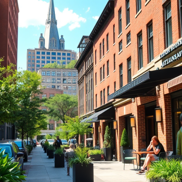 AT&T Coverage, Stores & Plans in Buckhead, Atlanta GA 30326 A vibrant street scene in Buckhead, Atlanta, GA 30326, showcasing upscale modern architecture alongside classic brick townhomes, with lush greenery lining the s