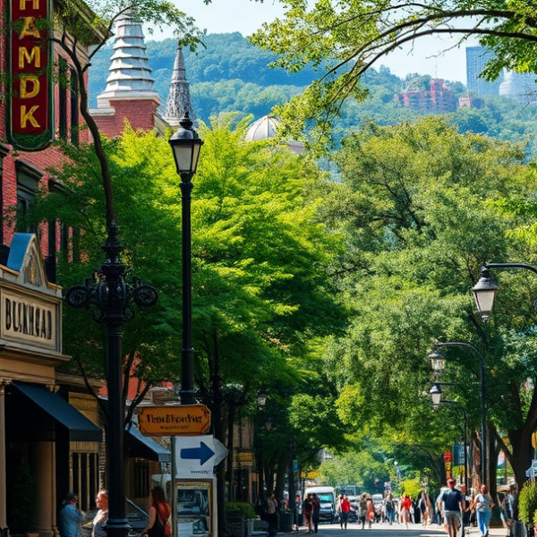 AT&T Coverage, Stores & Plans in Buckhead, Atlanta GA 30359 A vibrant street scene in Buckhead, Atlanta GA 30359, featuring lush greenery framing upscale boutiques and historic brick townhomes with wrought-iron balconies