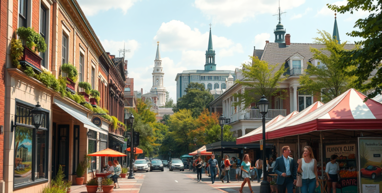 A vibrant street scene in Buckhead, Atlanta, GA 31126, showcasing upscale boutique shops and historic mansions with Georgian and Colonial Revival architecture,