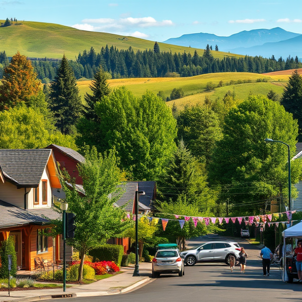 AT&T Coverage, Stores & Plans in Bull Mountain, Portland OR 97281 A vibrant street scene in Bull Mountain, Portland, OR 97281, showcasing lush greenery and rolling hills in the background, with suburban homes featuring craftsm