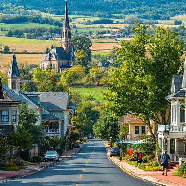 AT&T Coverage, Stores & Plans in Bull Run, Manassas VA 20109 A vibrant street scene in Bull Run, Manassas, VA 20109, showcasing charming historic houses with Victorian and Craftsman architecture, nestled along tree-lined