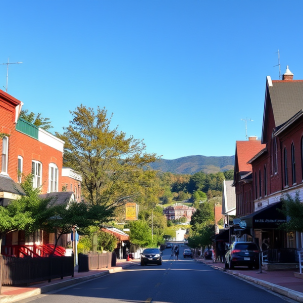 AT&T Coverage, Stores & Plans in Bunker Hill, Martinsburg WV 25403 A vibrant street scene in Bunker Hill, Martinsburg, WV 25403, showcasing charming early 20th-century brick houses with colorful porches and picket fences lining