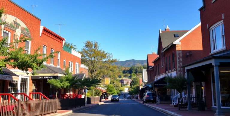 A vibrant street scene in Bunker Hill, Martinsburg, WV 25403, showcasing charming early 20th-century brick houses with colorful porches and picket fences lining