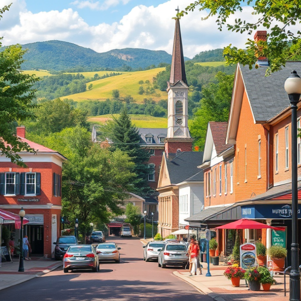 AT&T Coverage, Stores & Plans in Bunker Hill, Martinsburg WV 25404 A vibrant street scene in Bunker Hill, Martinsburg, WV (25404), showcasing a cozy, historic neighborhood with colorful brick houses featuring traditional front