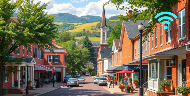 A vibrant street scene in Bunker Hill, Martinsburg, WV (25404), showcasing a cozy, historic neighborhood with colorful brick houses featuring traditional front