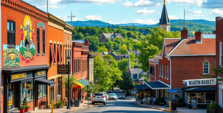 A vibrant street scene in Bunker Hill, Waterbury, CT (06705), showcasing colorful murals depicting local history and community pride on brick building facades,