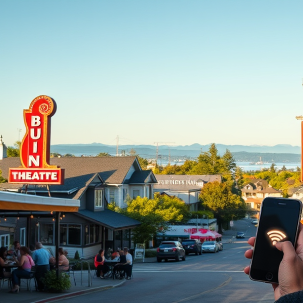 AT&T Coverage, Stores & Plans in Burien, Seattle WA 98146 A vibrant street scene in Burien, Seattle, WA 98146, featuring colorful murals of local landmarks on brick walls, with a cozy café patio bustling with residents