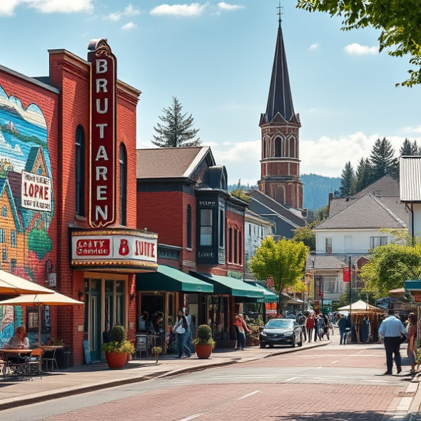 AT&T Coverage, Stores & Plans in Burien, Seattle WA 98148 A vibrant street scene in Burien, Seattle, WA 98148, featuring colorful murals depicting local history and community spirit on brick walls, with a cozy café ter