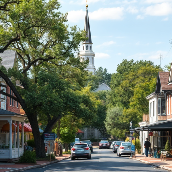 AT&T Coverage, Stores & Plans in Burnettown, Aiken SC 29805 A vibrant street scene in Burnettown, Aiken, SC (29805), showcasing charming historic homes with classic Southern porches, colorful murals depicting local histo