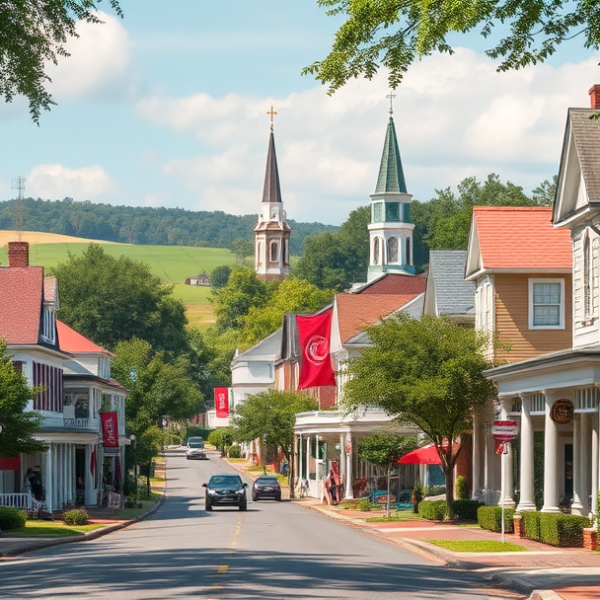 AT&T Coverage, Stores & Plans in Burnettown, Aiken SC 29808 A vibrant street scene in Burnettown, Aiken, SC 29808, showcasing charming historic homes with classic Southern architecture—white-columned porches, brick facad