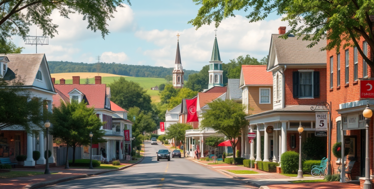 A vibrant street scene in Burnettown, Aiken, SC 29808, showcasing charming historic homes with classic Southern architecture—white-columned porches, brick facad
