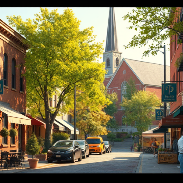 AT&T Coverage, Stores & Plans in Bustleton, Philadelphia PA 19115 A vibrant street scene in Bustleton, Philadelphia, PA 19115, showcasing a cozy café with outdoor seating and vintage brick houses with well-kept front yards, ne