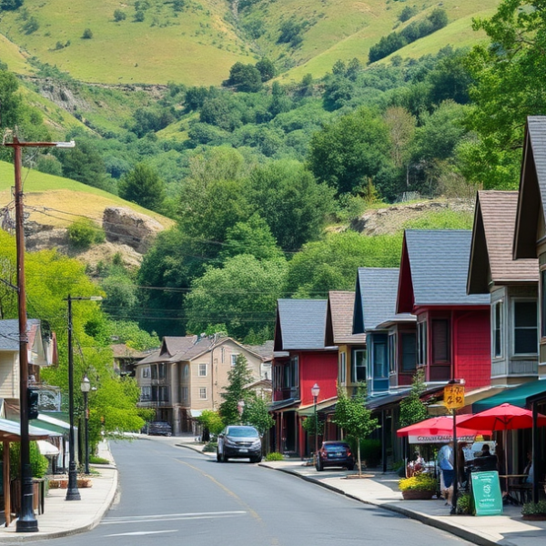 T-Mobile Plans, Coverage & Stores in Butte Creek Canyon, Chico CA 95976 A vibrant street scene in Butte Creek Canyon, Chico, CA 95976, showcasing lush green hills and natural canyon walls in the background, with charming mid-century