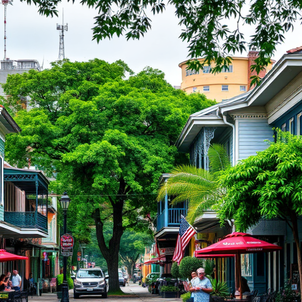 AT&T Coverage, Stores & Plans in Bywater, New Orleans LA 70145 A vibrant street scene in Bywater, New Orleans, LA 70145, showcasing colorful historic shotgun houses with ornate ironwork balconies and lush greenery framing t