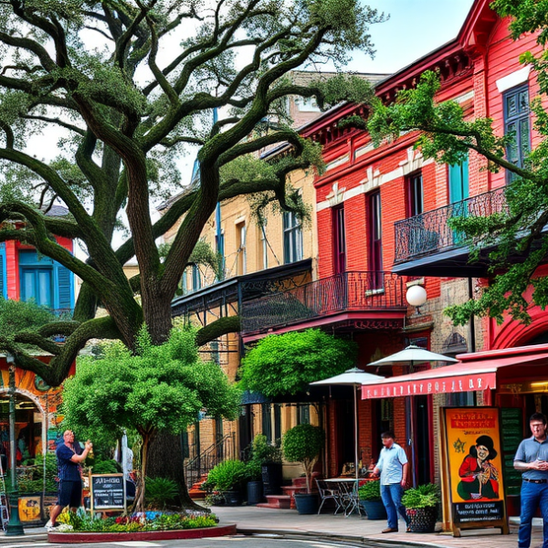 T-Mobile Plans, Coverage & Stores in Bywater, New Orleans LA 70177 A vibrant street scene in Bywater, New Orleans, LA 70177, showcasing colorful historic shotgun houses with ornate iron balconies and lush courtyards, lined alon