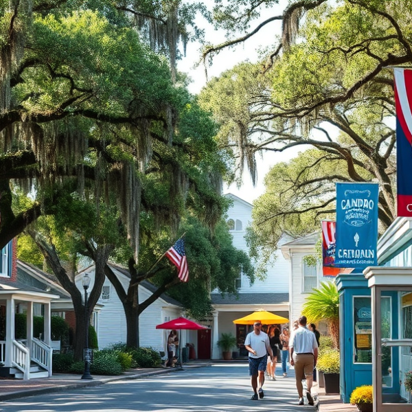 AT&T Coverage, Stores & Plans in Cainhoy, Charleston SC 29492 A vibrant street scene in Cainhoy, Charleston, SC 29492, featuring charming lowcountry architecture with pastel-colored antebellum homes and modern cottages, lu