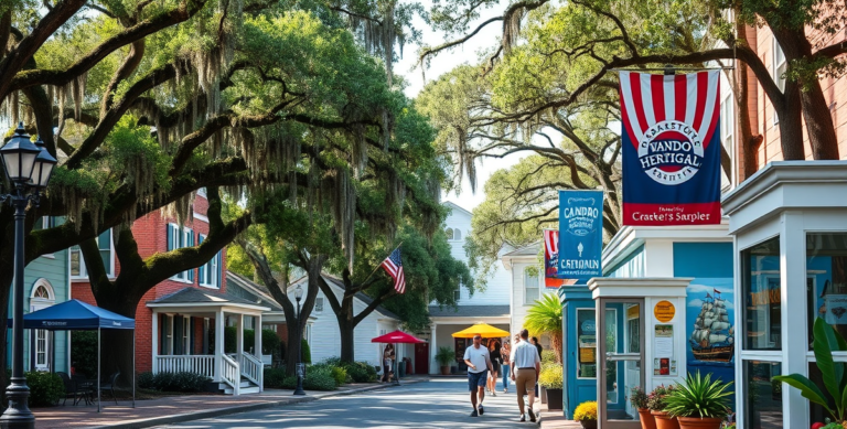 A vibrant street scene in Cainhoy, Charleston, SC 29492, featuring charming lowcountry architecture with pastel-colored antebellum homes and modern cottages, lu