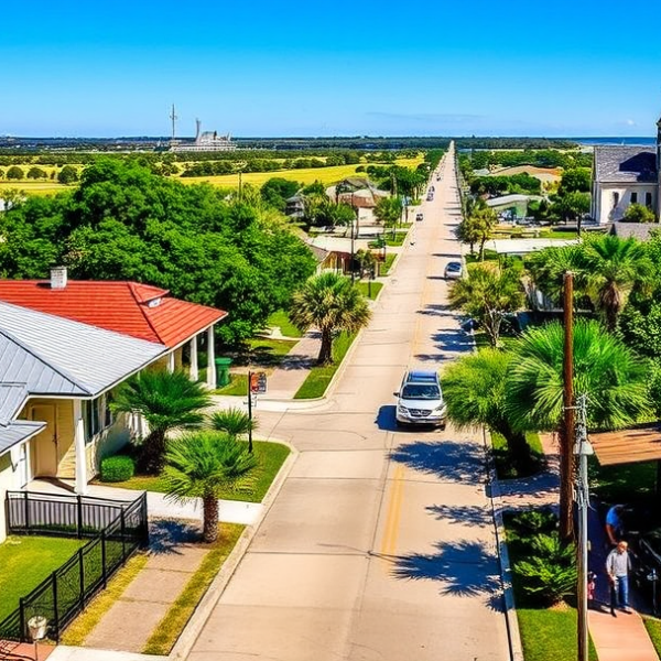 AT&T Coverage, Stores & Plans in Calallen, Corpus Christi TX 78419 A vibrant residential street in Calallen, Corpus Christi, TX (78419), featuring charming single-story ranch-style homes with stucco facades, metal roofs, and lu
