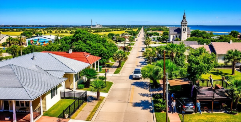 A vibrant residential street in Calallen, Corpus Christi, TX (78419), featuring charming single-story ranch-style homes with stucco facades, metal roofs, and lu