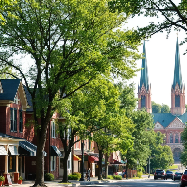 T-Mobile Plans, Coverage & Stores in Caledonia, Racine WI 53402 A vibrant street scene in Caledonia, Racine, WI 53402, showcasing a suburban neighborhood with charming brick and wood-frame houses featuring gabled roofs, colo