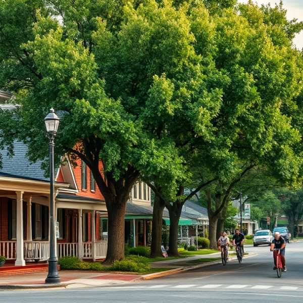 AT&T Coverage, Stores & Plans in Calhoun, Monroe LA 71207 A vibrant street scene in Calhoun, Monroe, LA (71207), featuring charming Southern architecture with historic brick cottages and colorful shotguns, lush green t