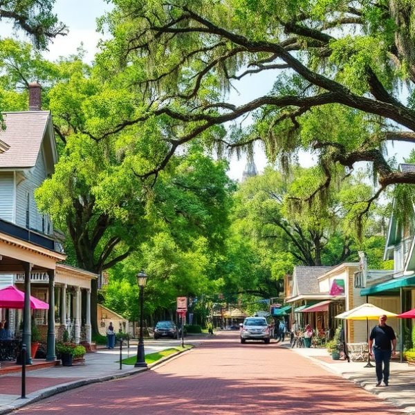 T-Mobile Plans, Coverage & Stores in Calhoun, Monroe LA 71212 A vibrant street scene in Calhoun, Monroe, LA (71212), showcasing charming historic houses with Southern porches, colorful murals depicting local history on bri
